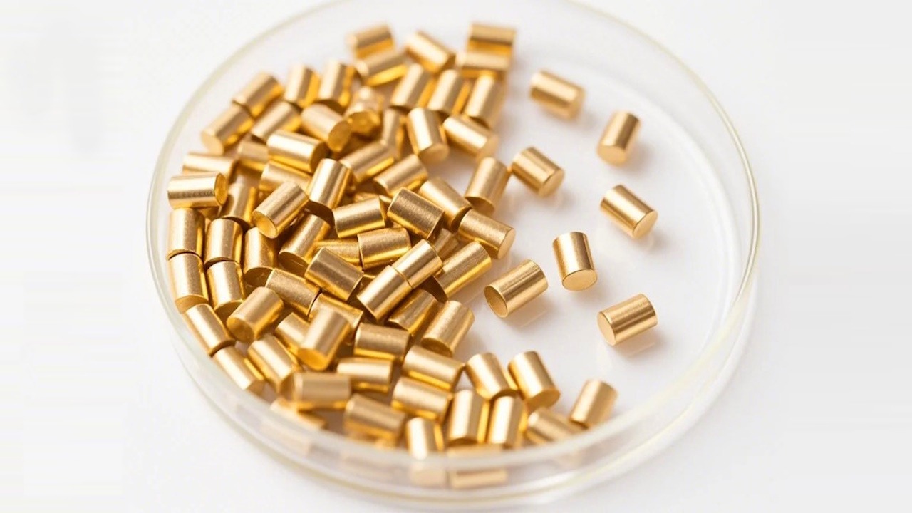 Gold pellets in glass dish